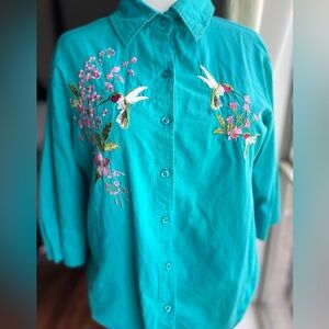 Vintage Hummingbird Embroidered Blouse Large Turquoise Cottagecore Coastal
